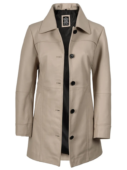 Kandis Women's Beige Real Leather Car Coat