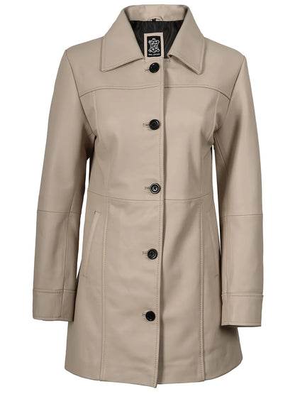 Kandis Women's Beige Real Leather Car Coat