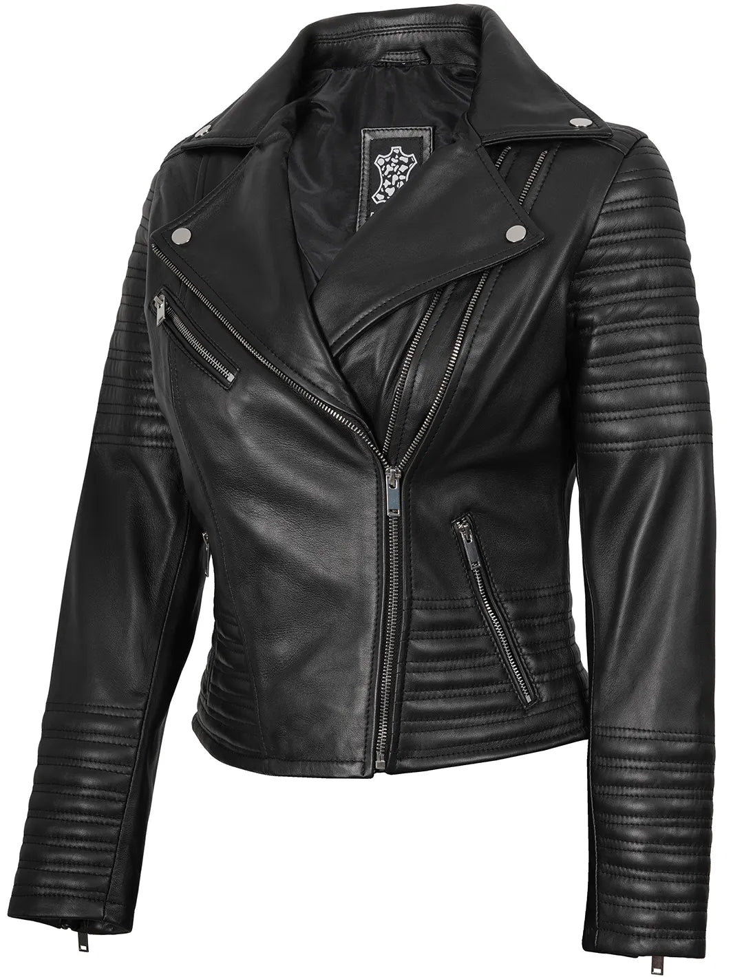 Women's Black Asymmetrical Biker Style Leather Jacket | Padded Detailing