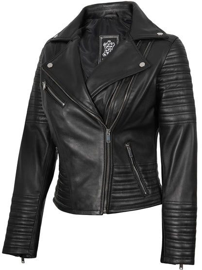 Women's Black Asymmetrical Biker Style Leather Jacket | Padded Detailing