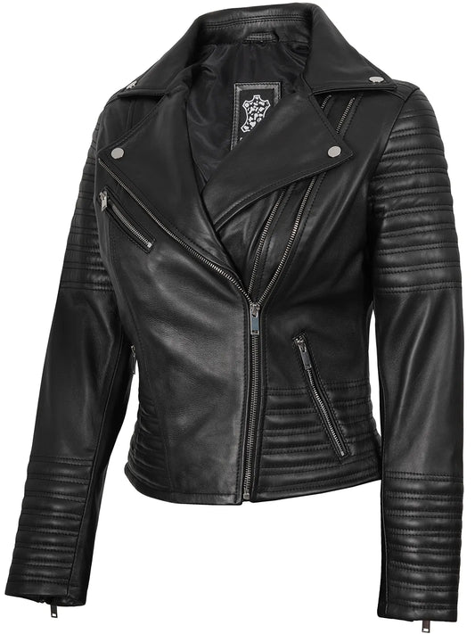 Women's Black Asymmetrical Biker Style Leather Jacket | Padded Detailing