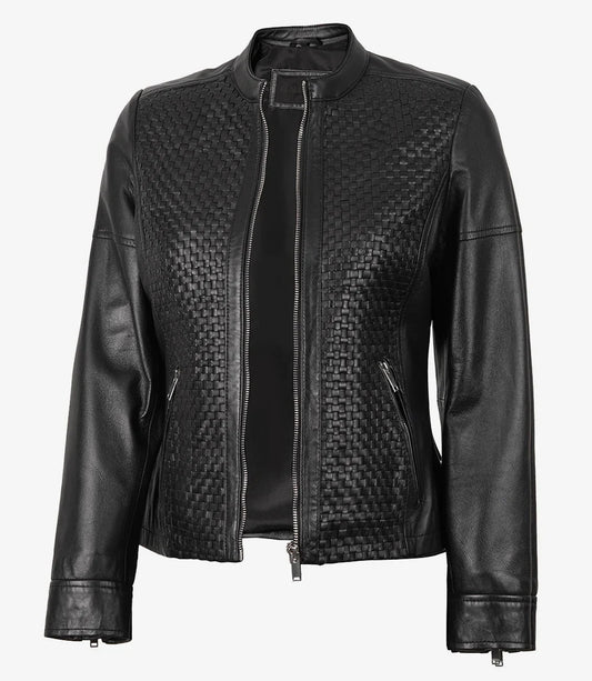 Women's Black Leather Cafe Racer Jacket