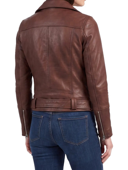 Women's Cognac Brown Lambskin Biker Jacket — Asymmetrical Collar