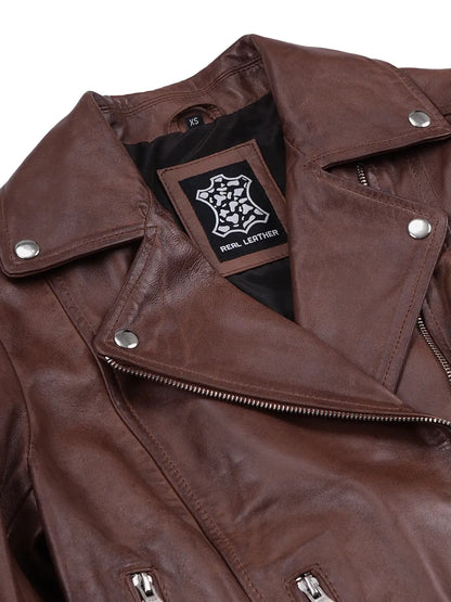 Women's Cognac Brown Lambskin Biker Jacket — Asymmetrical Collar