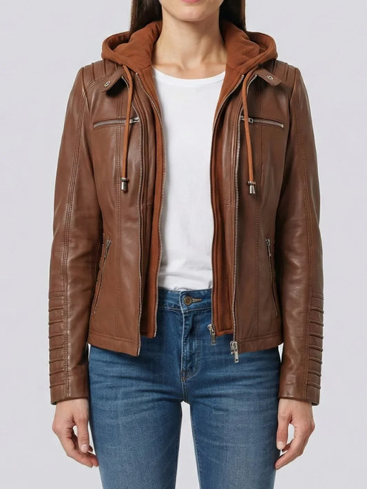 Women's Cognac Brown Leather Jacket With Removable Hood