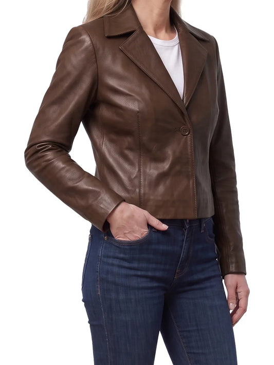 Women's Cognac Brown Single Button Cropped Leather Jacket