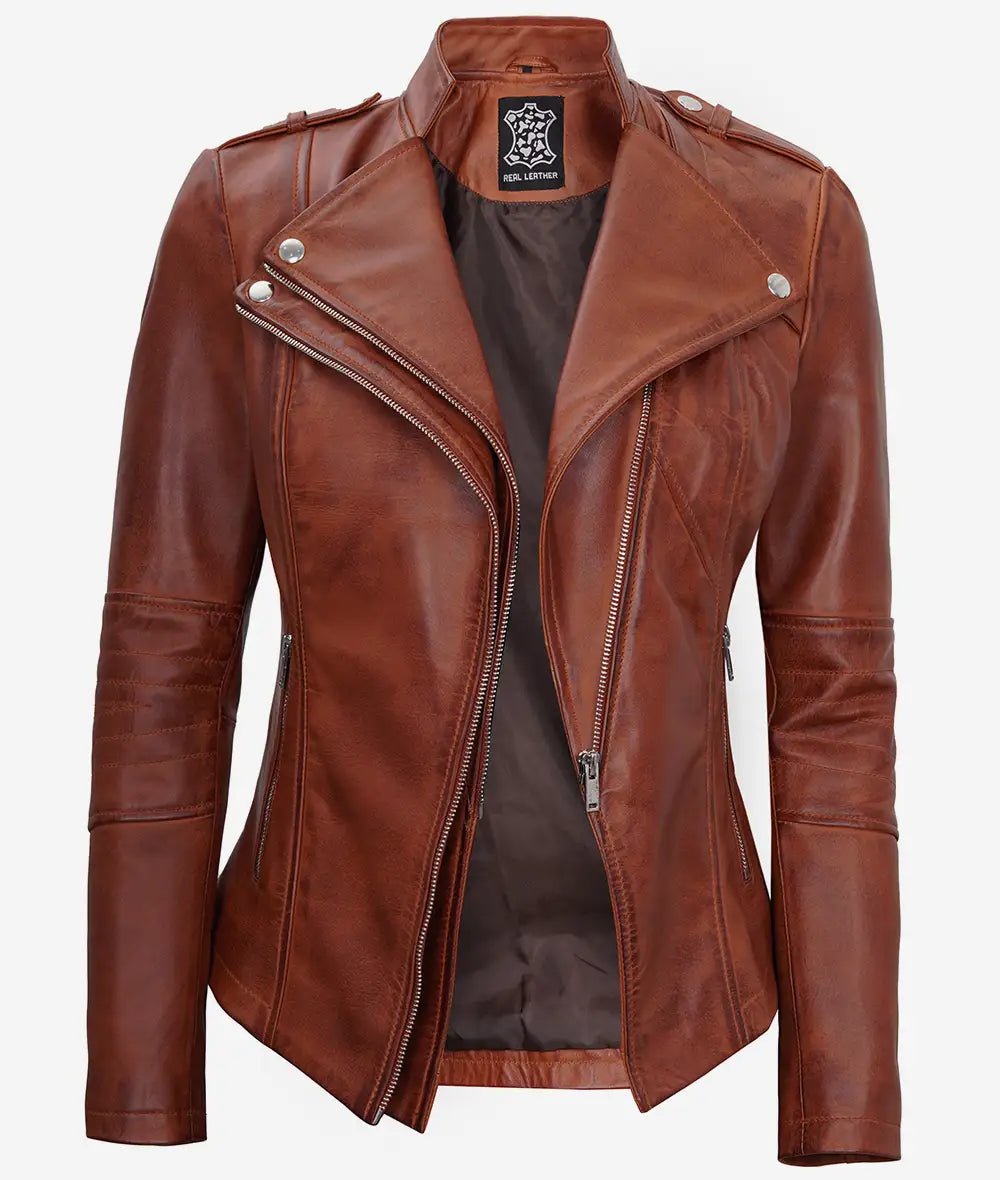 Women's Cognac Motorcycle Leather Jacket Max Jackets