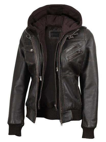 Women's Rub-Off Brown Bomber Leather Jacket | Removable Hood