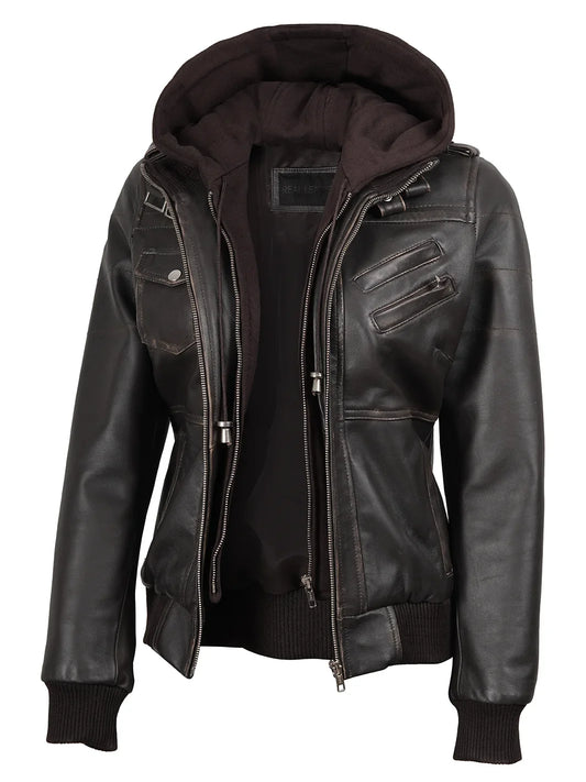 Women's Rub-Off Brown Bomber Leather Jacket | Removable Hood
