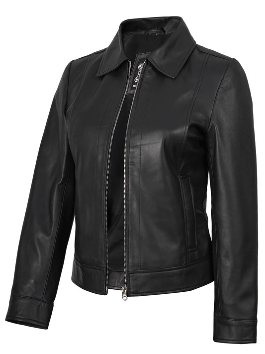 Women's Black Harrington Real Leather Jacket