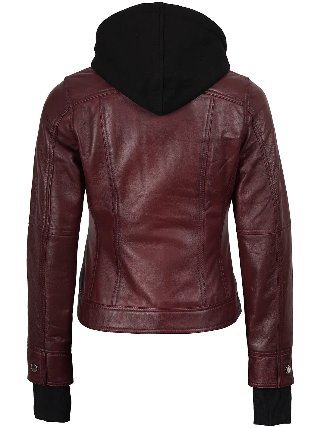 Women's Burgundy Hooded Leather Bomber Jacket