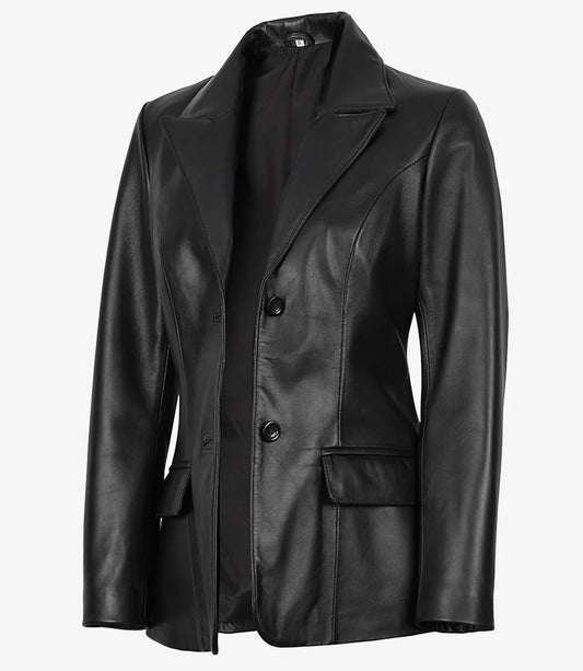 Women's Black Two-Button Leather Blazer