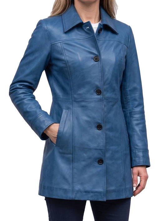Women's Vivid Blue 3/4 Length Lambskin Leather Car Coat