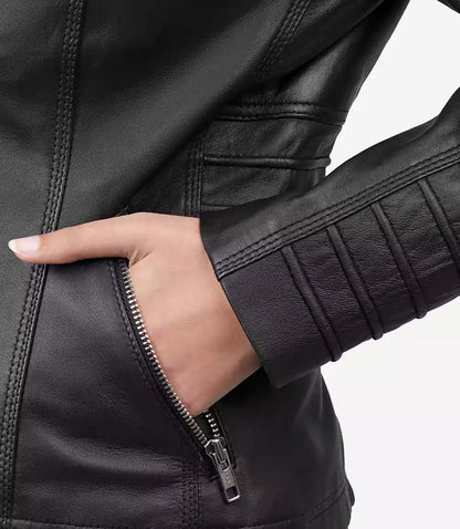 Women's Black Leather Jacket with Removable Hood
