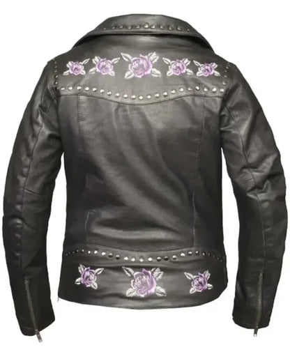 Ladies Black Leather Biker Jacket with Purple Roses and Studs