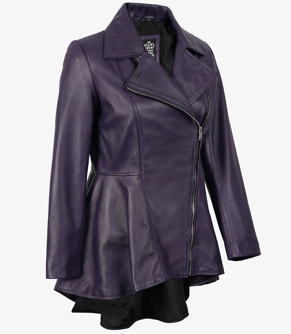 Womens Asymmetrical Purple Leather Peplum Jacket