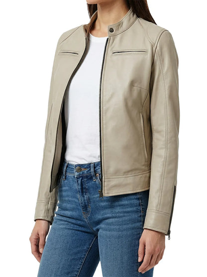 Dodge Women's Beige Leather Cafe Racer Jacket