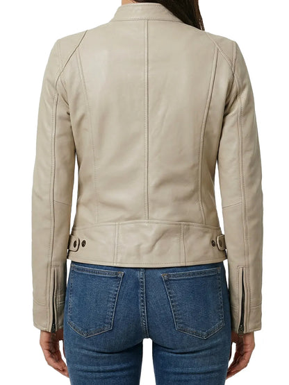 Dodge Women's Beige Leather Cafe Racer Jacket