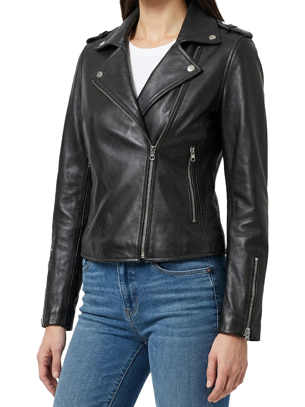 Kirsten Women's Black Asymmetrical Leather Jacket | Biker Style
