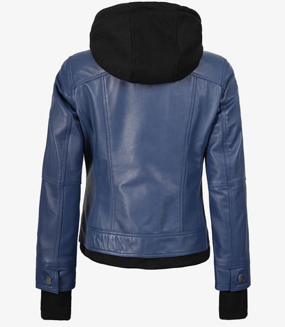 Womens Blue Bomber Leather Jacket With Hood