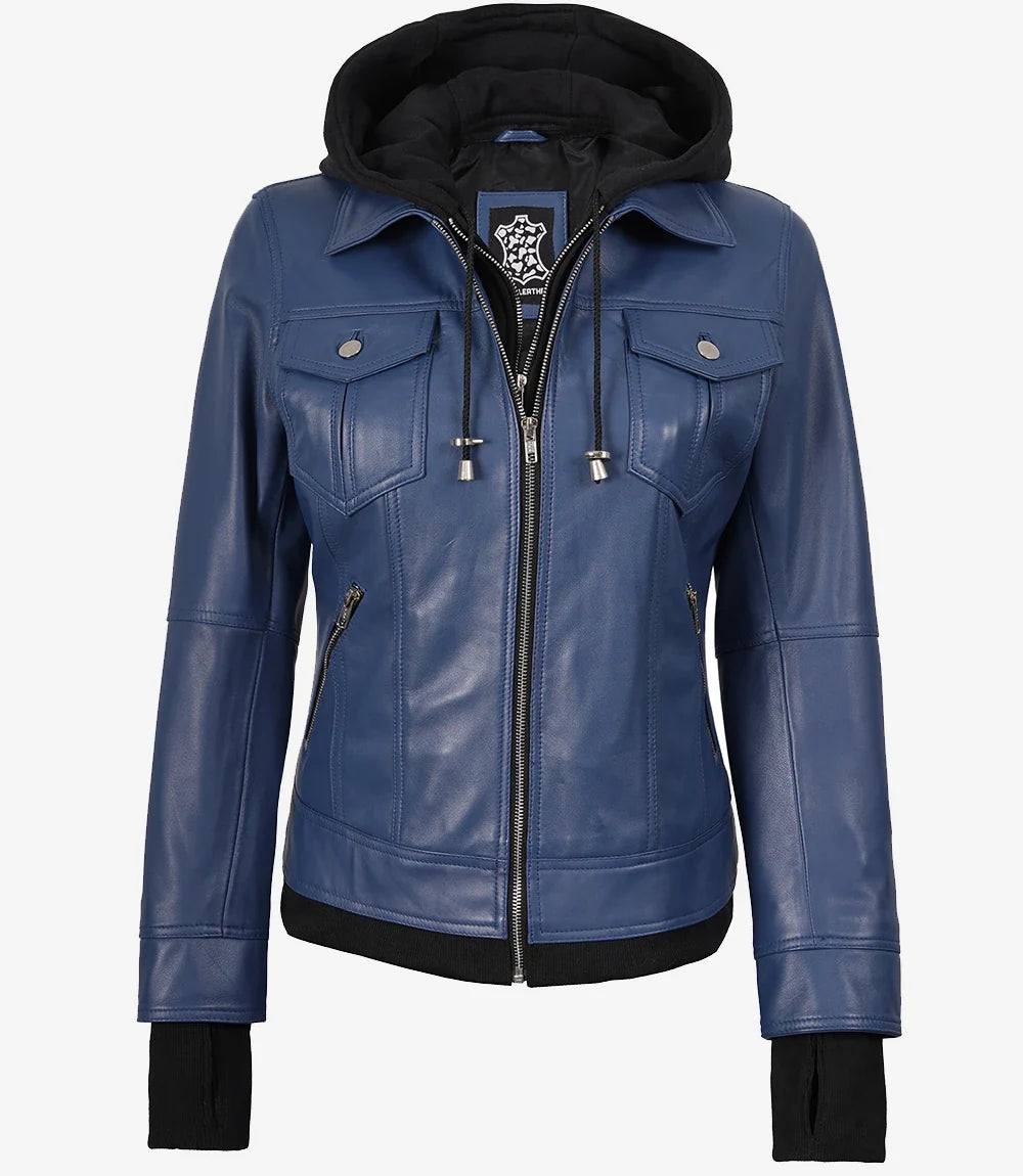 Womens Blue Bomber Leather Jacket With Hood