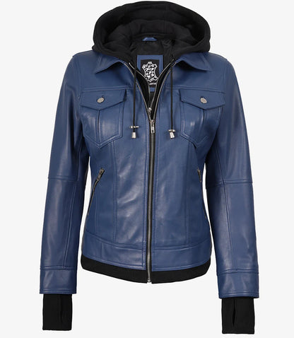 Womens Blue Bomber Leather Jacket With Hood