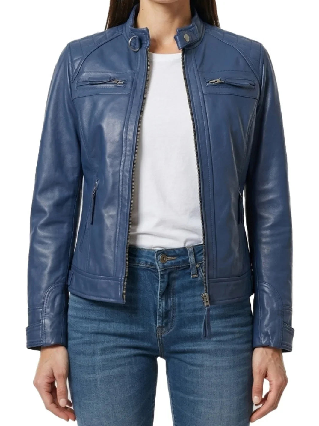 Women's Blue Quilted Leather Cafe Racer Jacket