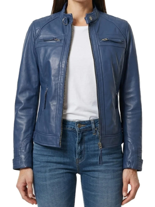 Women's Blue Quilted Leather Cafe Racer Jacket