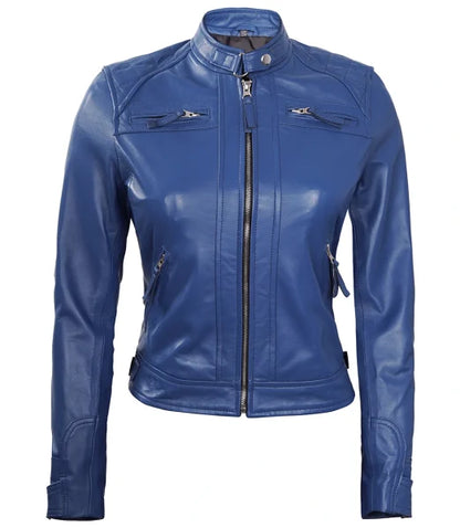 Women’s Blue Fitted Biker Leather Jacket | Quilted Pattern Max Jackets