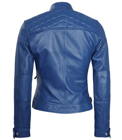 Women’s Blue Fitted Biker Leather Jacket | Quilted Pattern Max Jackets