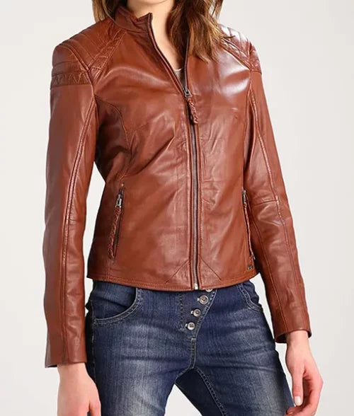 Women’s Browny Cafe Racer Leather Jacket Max Jackets