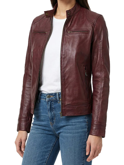 Dodge Womens Burgundy Cafe Racer Style Leather Jacket