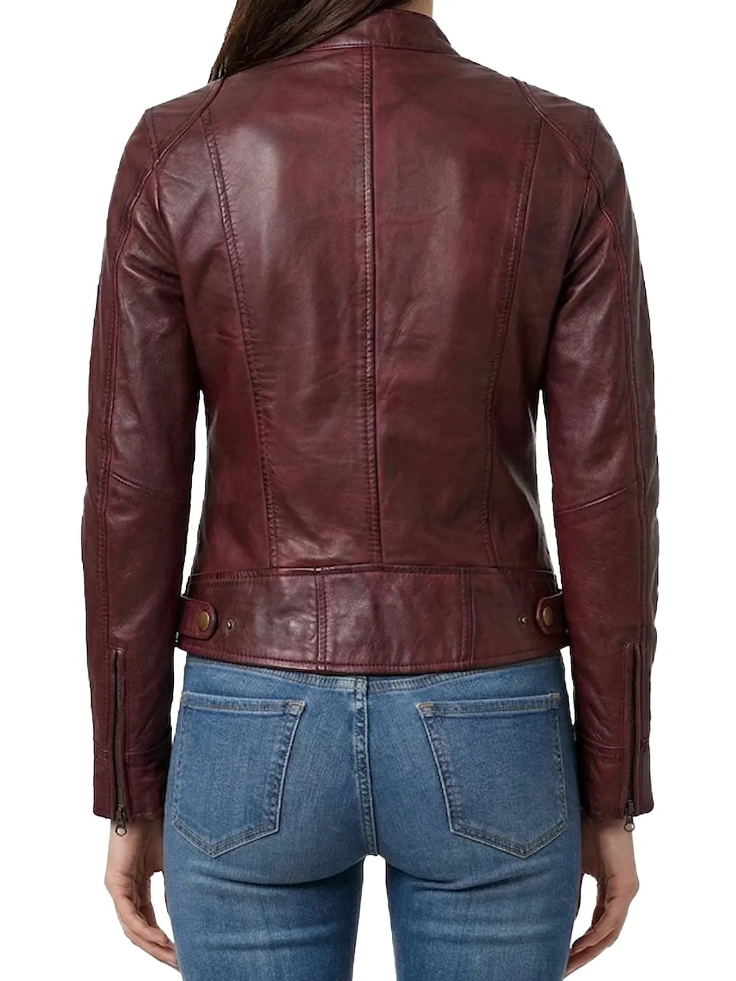 Dodge Womens Burgundy Cafe Racer Style Leather Jacket