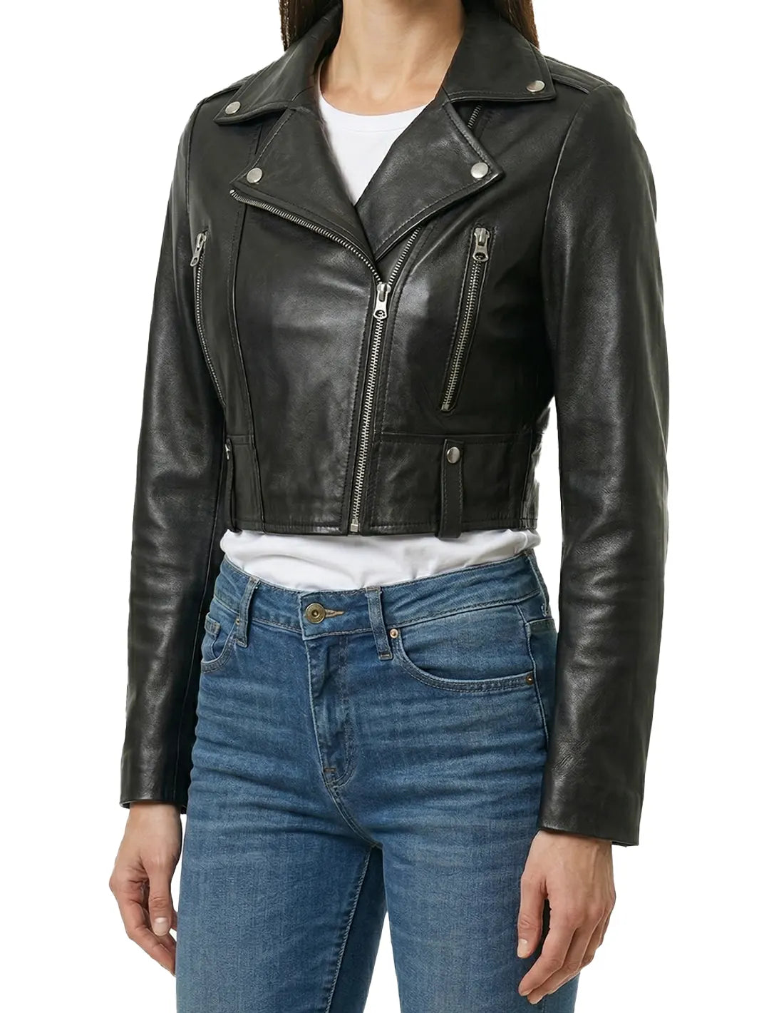 Colleen Women’s Cropped Black Biker Style Leather Jacket