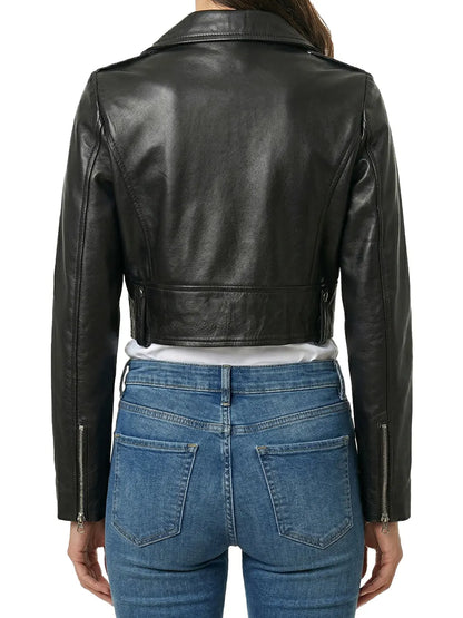 Colleen Women’s Cropped Black Biker Style Leather Jacket