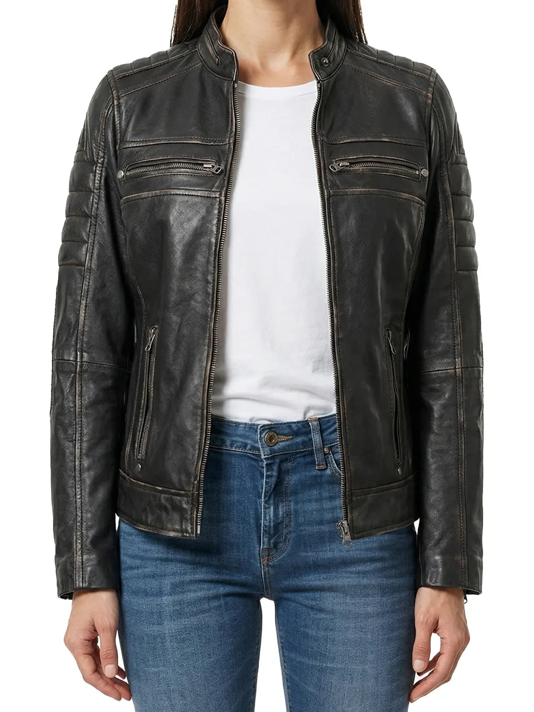 Women's Dark Brown Biker Style Leather Jacket