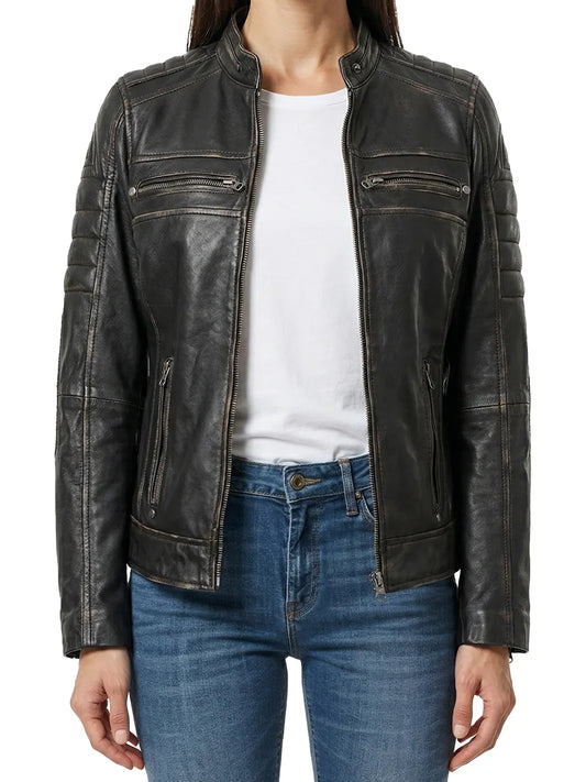 Women's Dark Brown Biker Style Leather Jacket
