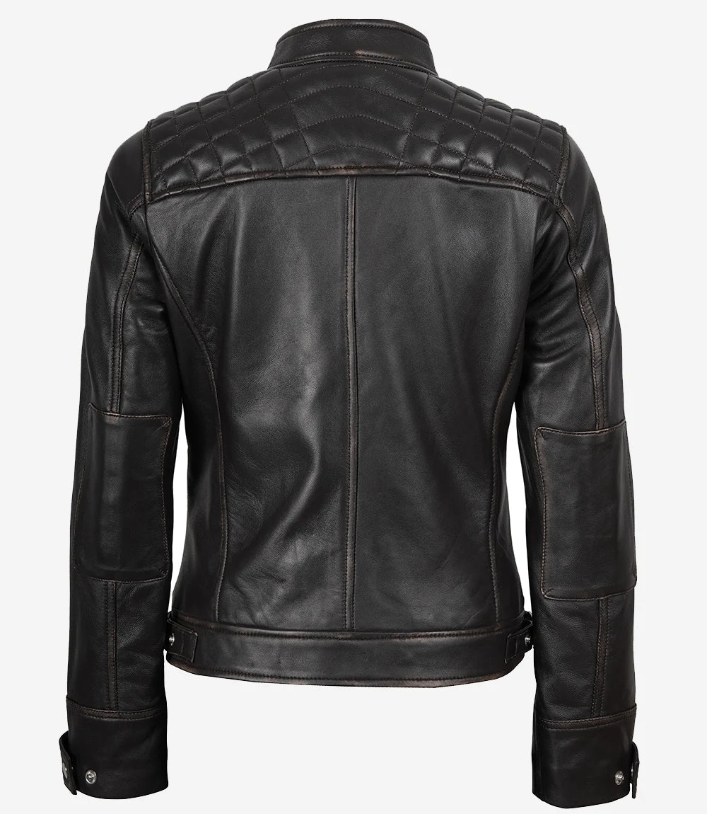 Women's Quilted Distressed Brown Real Lambskin Leather Biker Style Jacket