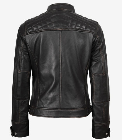 Women's Quilted Distressed Brown Real Lambskin Leather Biker Style Jacket