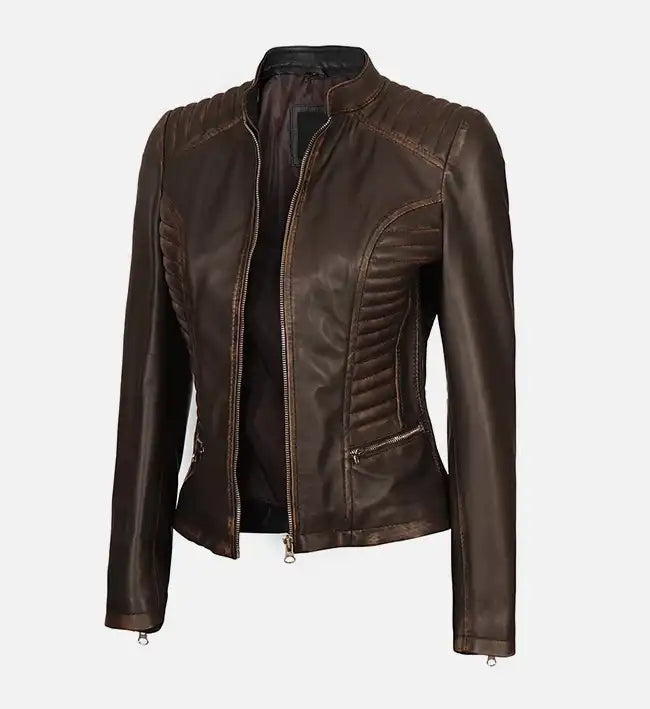 Women’s Fashionable Dark Brown Cafe Racer Leather Jacket Max Jackets