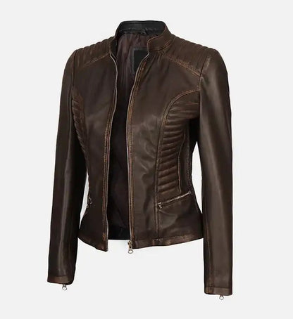 Women’s Fashionable Dark Brown Cafe Racer Leather Jacket Max Jackets