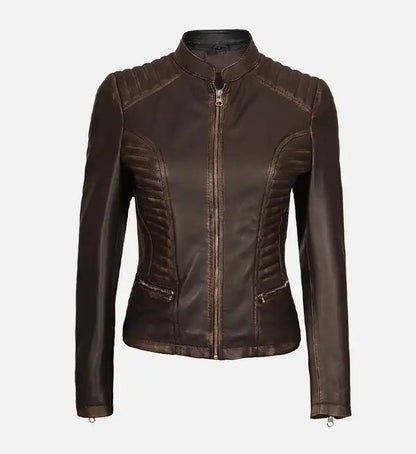 Women’s Fashionable Dark Brown Cafe Racer Leather Jacket Max Jackets