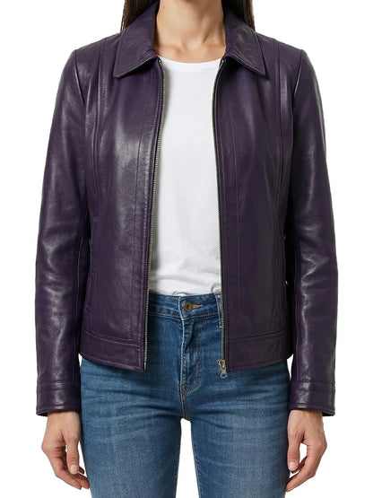 Women's Purple Harrington Style Leather Jacket