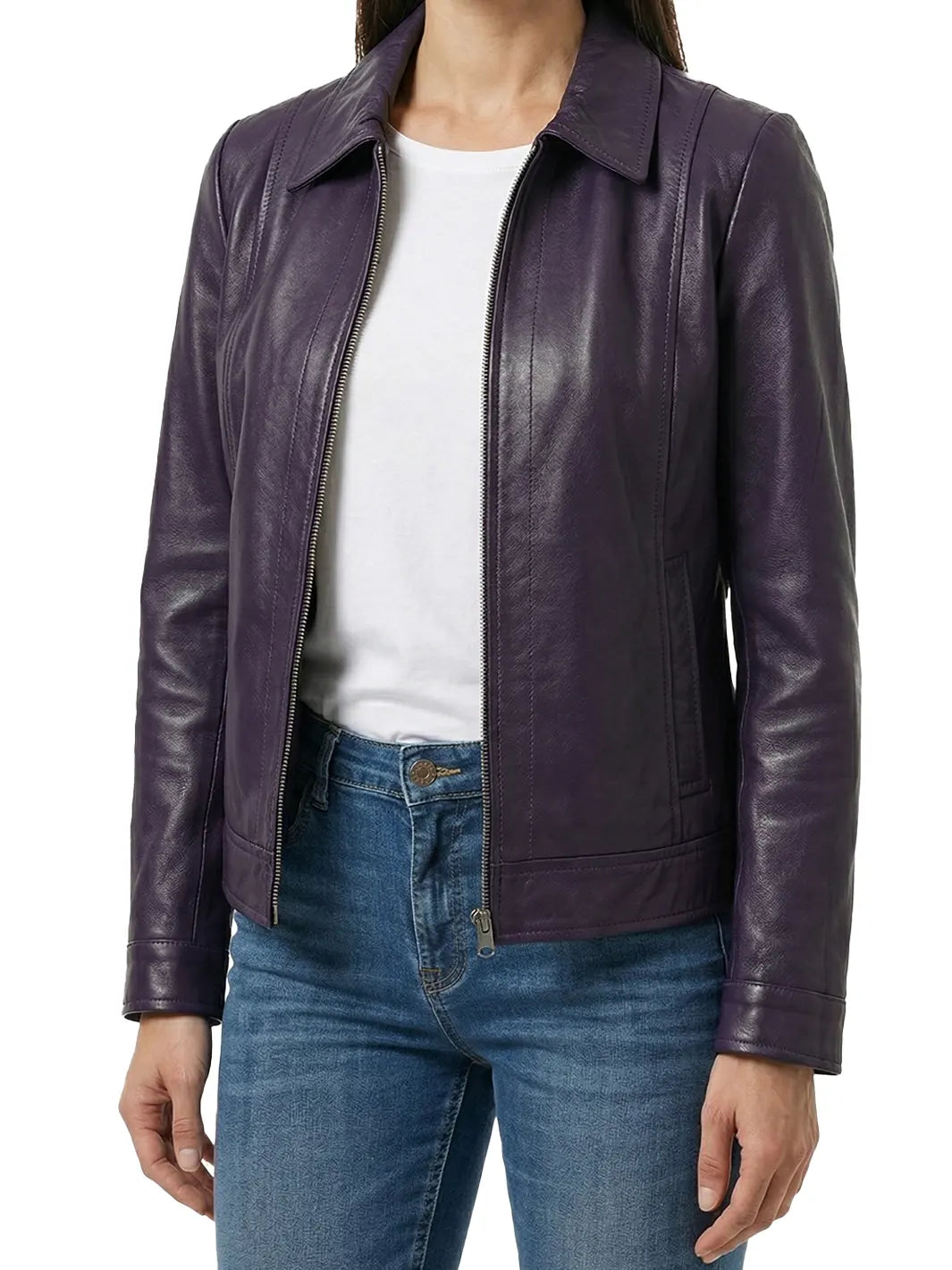 Women's Purple Harrington Style Leather Jacket