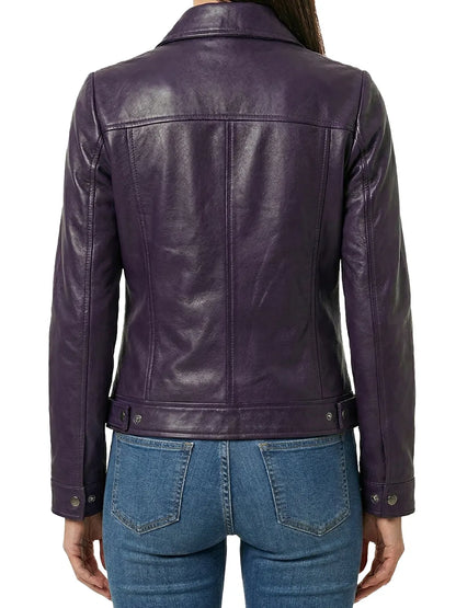 Women's Purple Harrington Style Leather Jacket