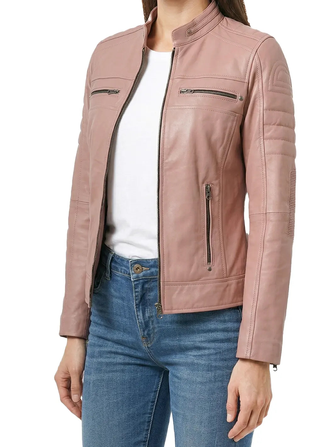 Austin Womens Pink Cafe Racer Style Leather Jacket