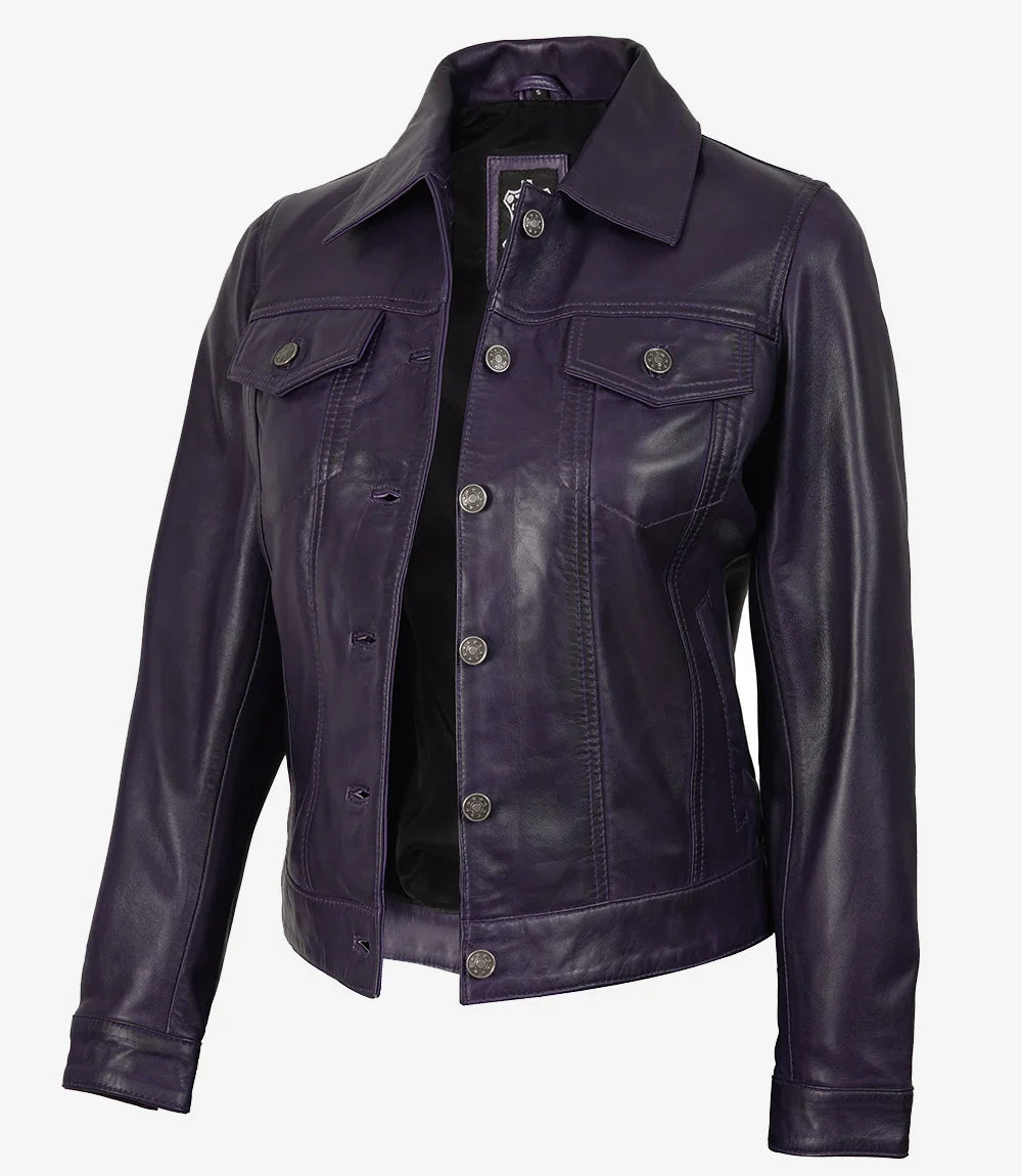 Women's Purple Leather Trucker Jacket