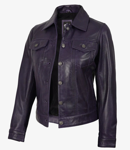 Women's Purple Leather Trucker Jacket