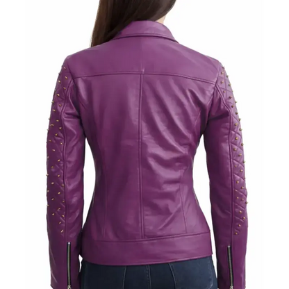 Women Quilted Stud Purple Leather Jacket
