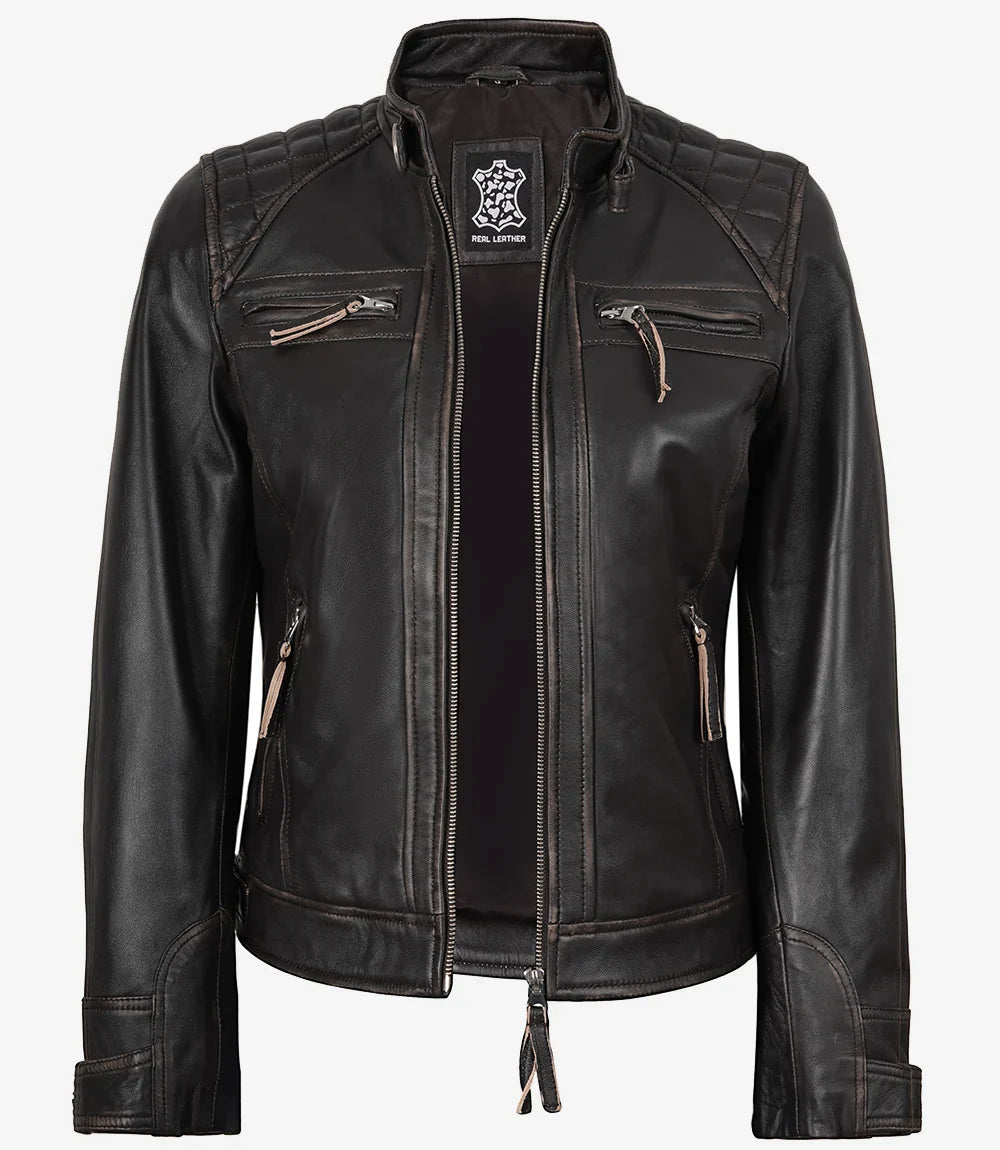 Women's Quilted Distressed Brown Real Lambskin Leather Biker Style Jacket
